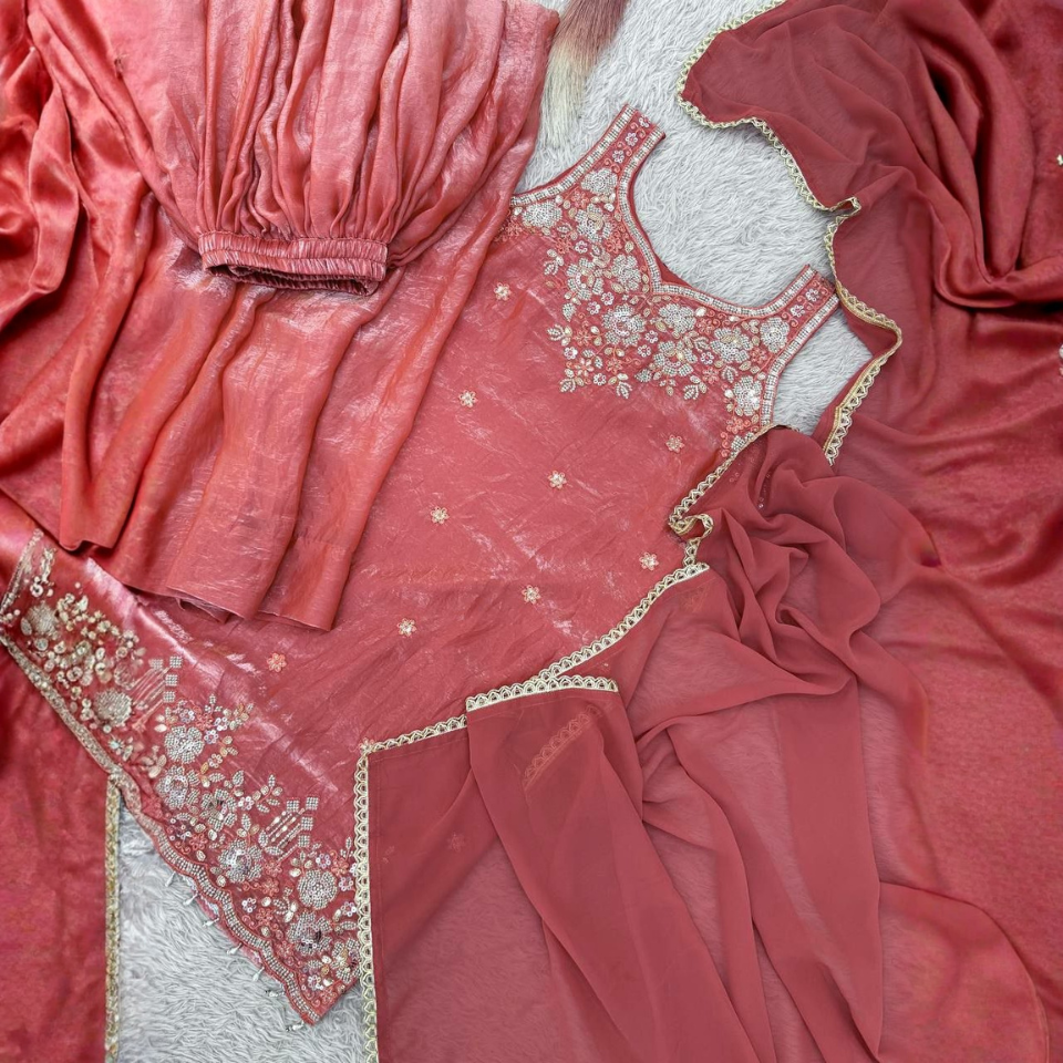 Pure Trendy Silk Embroidered Kurti Set with Flared Palazzo & Faux Georgette Dupatta