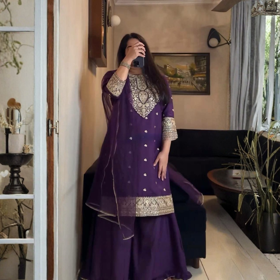 Premium Faux Georgette  & Sequence Work Top Plazo Set with Butterfly Net Dupatta