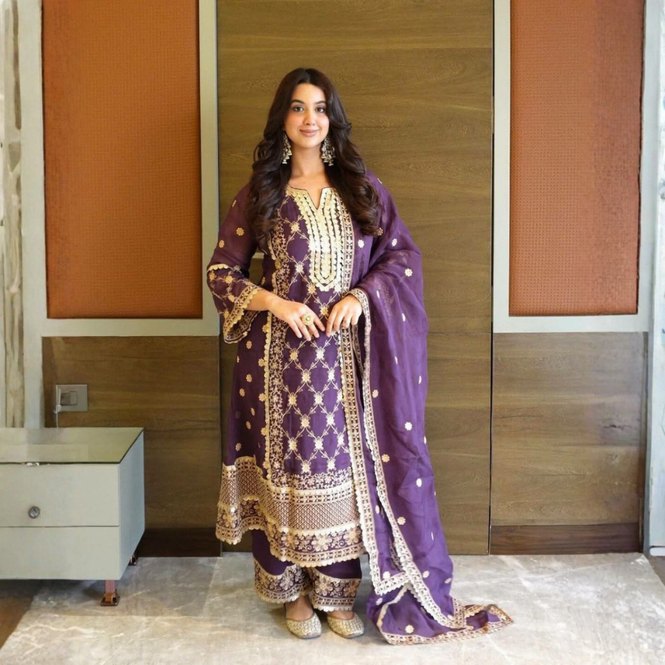 Premium Pure Chinnon Embroidered Sequence Work Suit Set