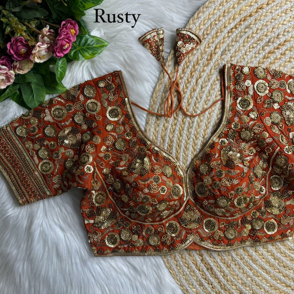 Heavy Roman Silk Partywear blouse with Jari, Sequence & Beads Work