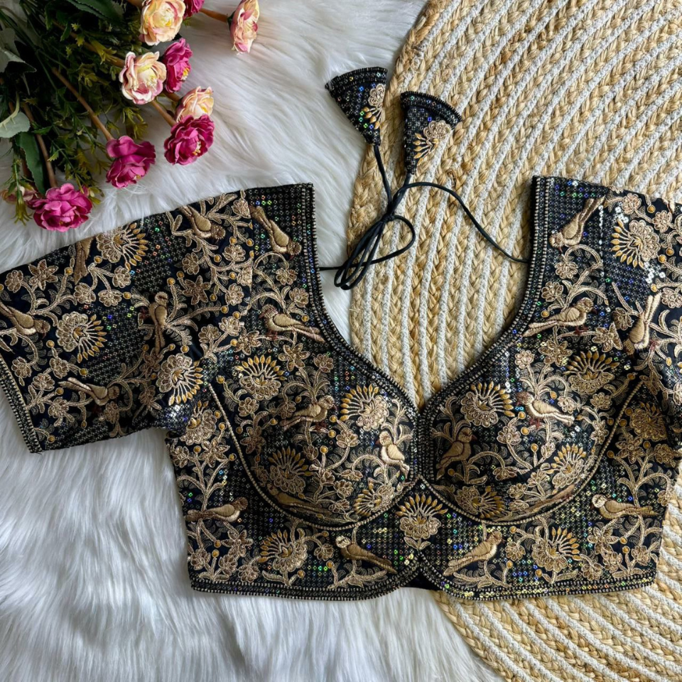 Heavy Roman Silk Partywear Blouse with Jari Sequence & Coding Thread Work