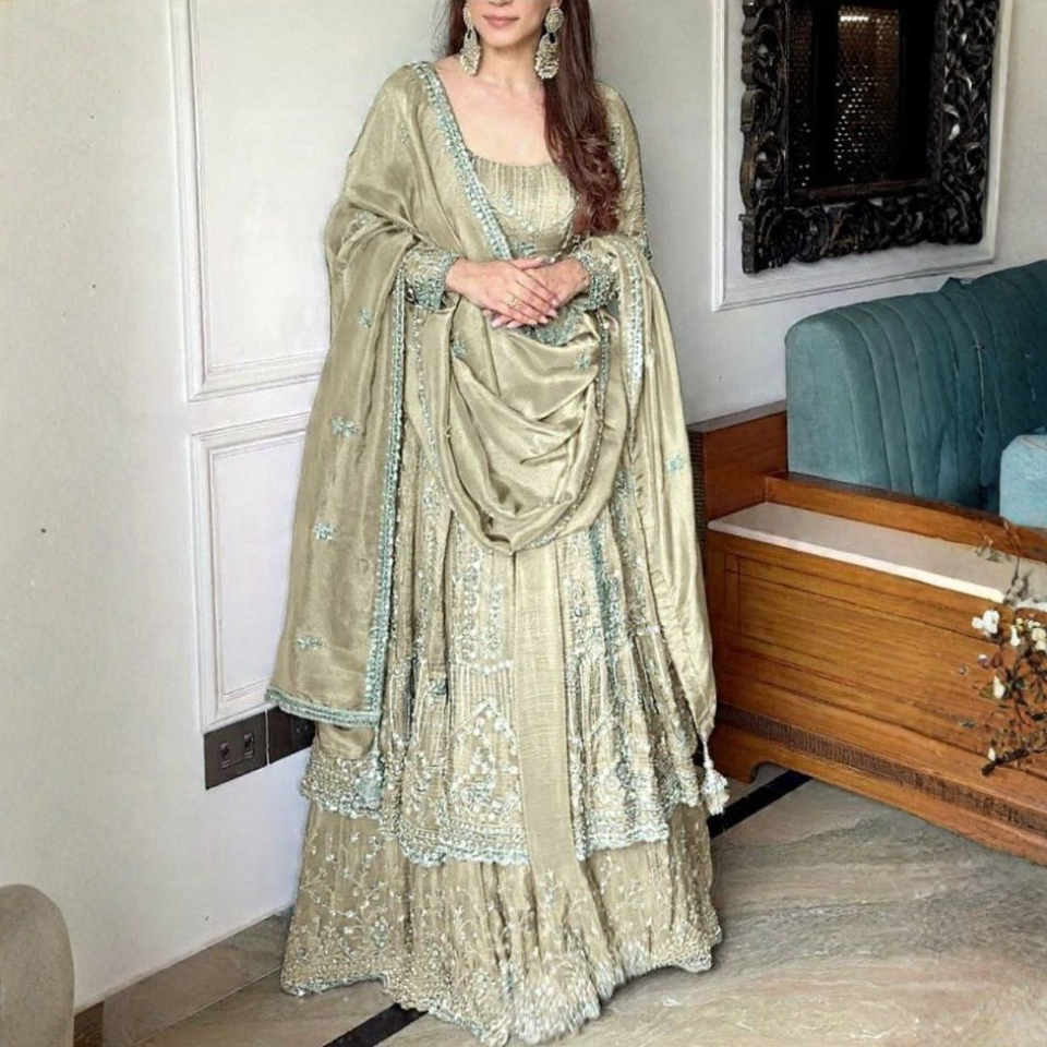 Heavy Crunchy Silk Embroidered Gown Lehenga Dupatta Set with Full Sleeves