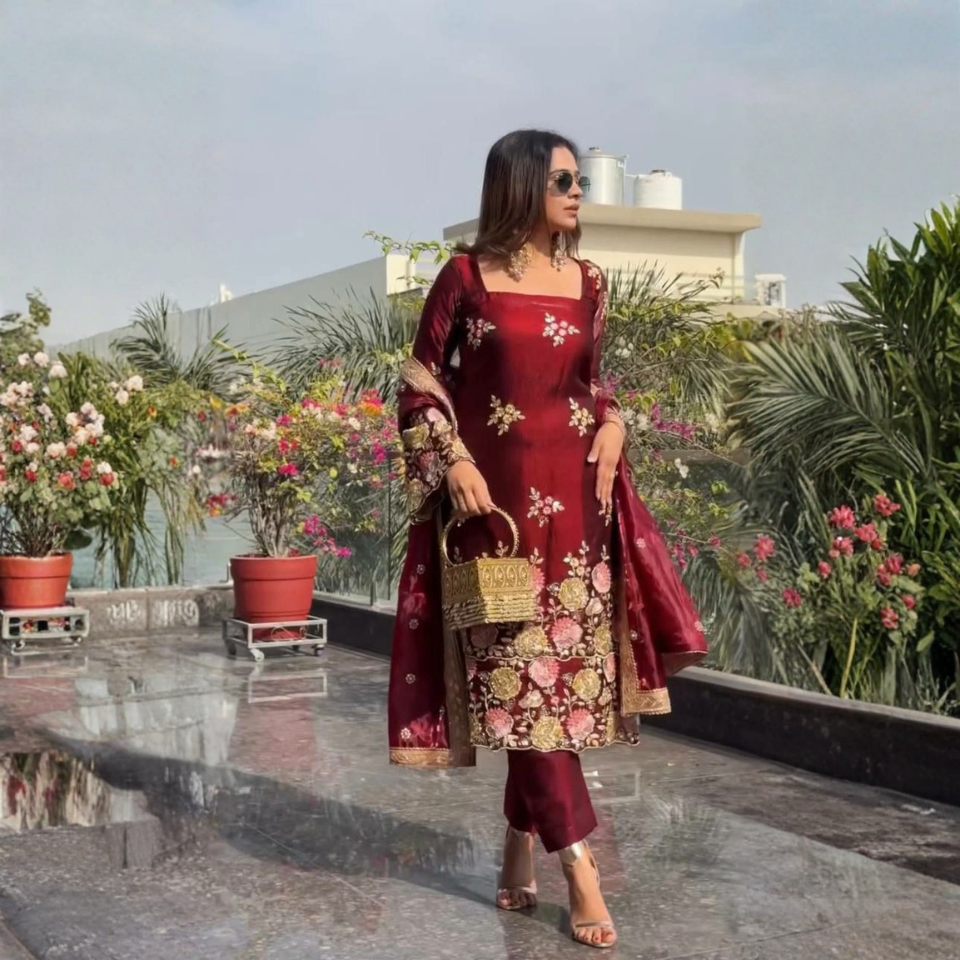 Premium Organza Poly Silk Embroidered Sequence Top with Stitched Plazzo & Dupatta