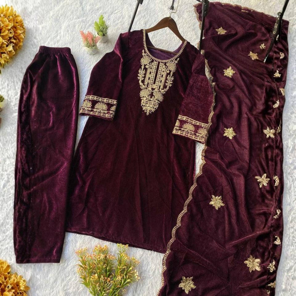 Velvet Sequence Embroidered Kurta Palazzo Set with Dupatta