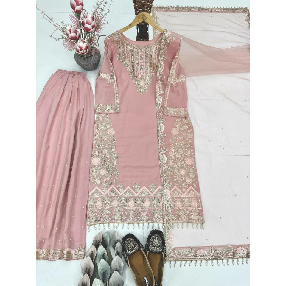 Heavy Faux Georgette Top Palazzo Set with Pearl Moti & Sequin Work Dupatta