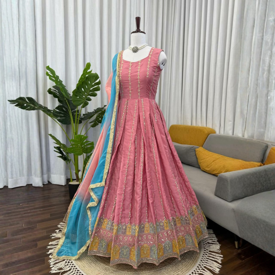 Chinon Silk Anarkali Suit Set with Sequin Thread Work & Organza Dupatta