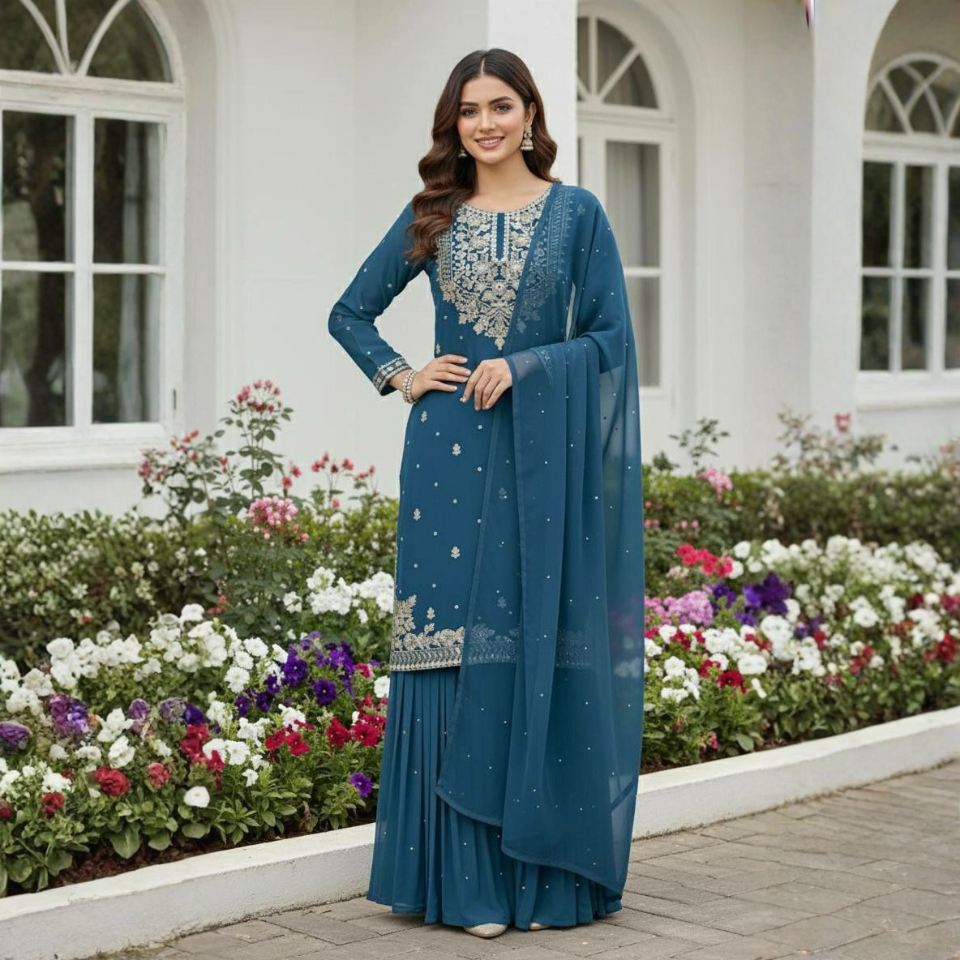 Women’s Heavy Faux Georgette Embroidered Palazzo Suit Set with Dupatta