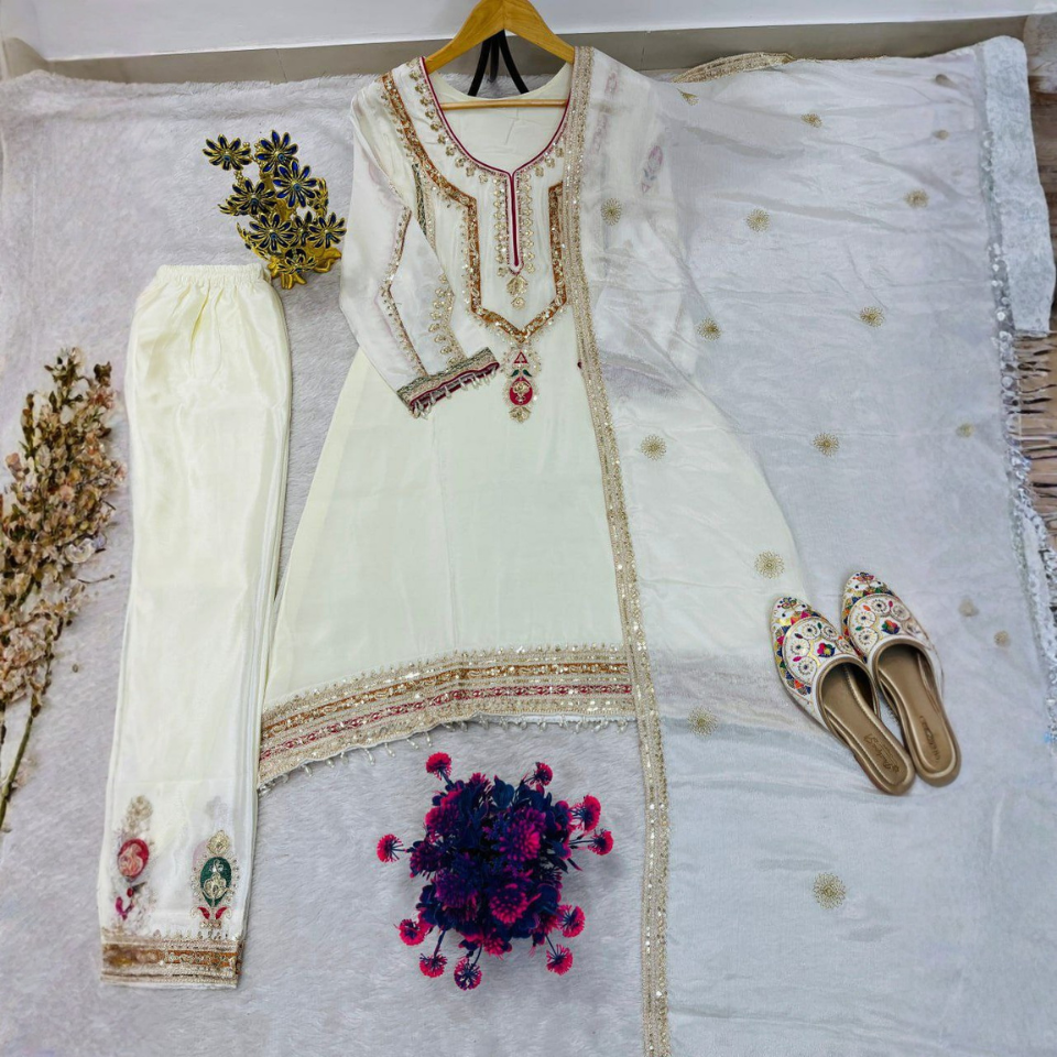 Women’s Chinon Silk Embroidered Sequin Kurta Palazzo Set with Dupatta