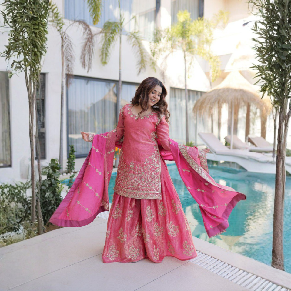 Fendi Crush Embroidered Kurti Sharara Set with Zari & Sequins Work