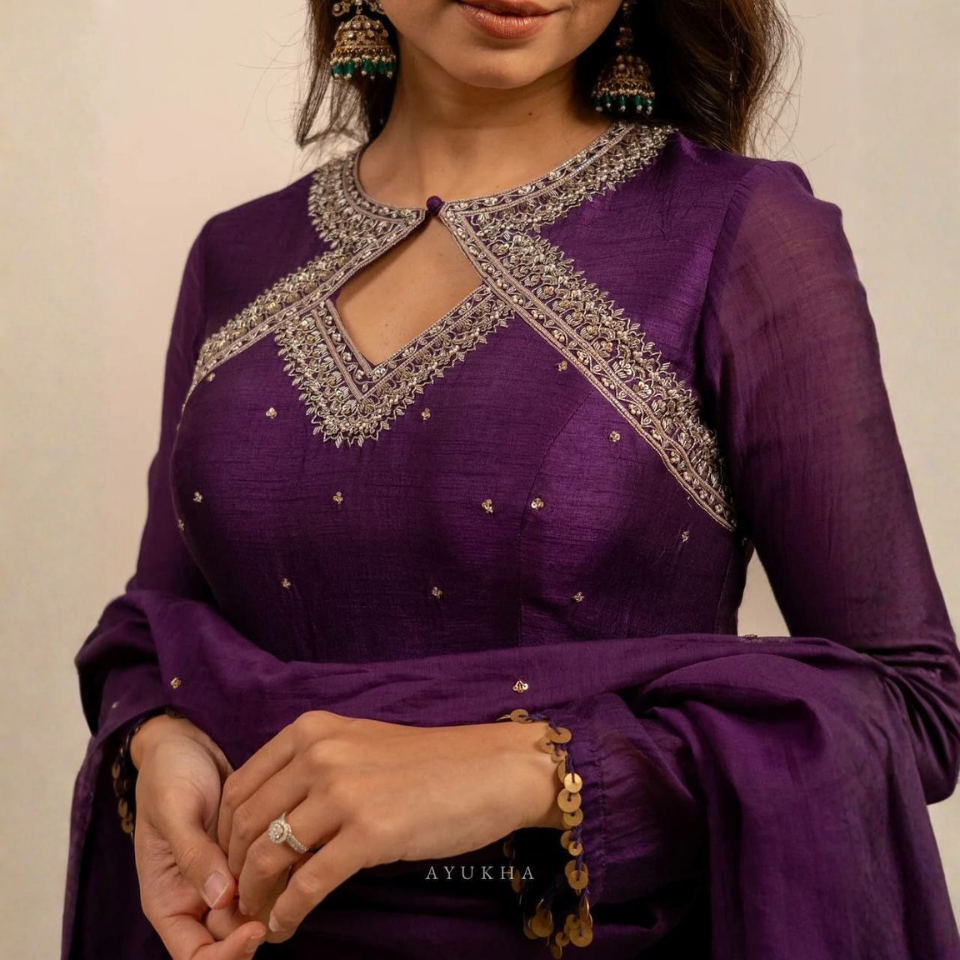 Vichitra Silk Embroidered Kurti Pant Dupatta Set with Sequins Work
