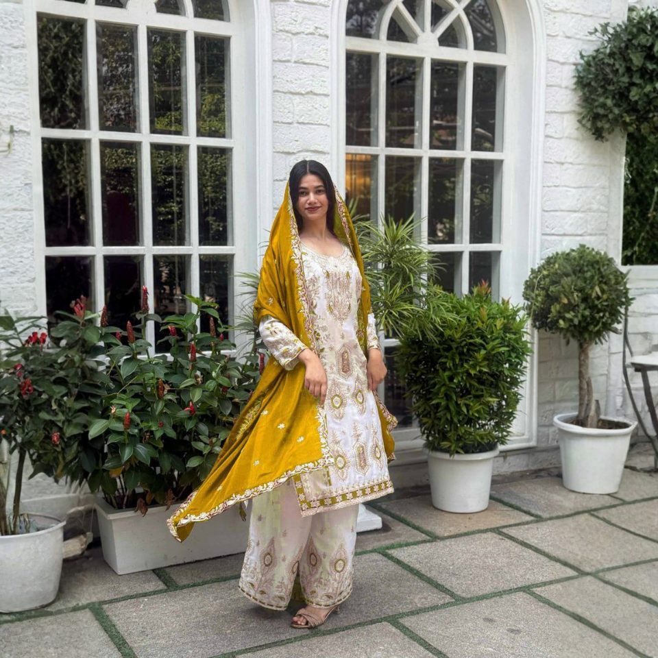 Eid Special Chinon Silk Embroidered Sequins Kurti Palazzo Dupatta Set