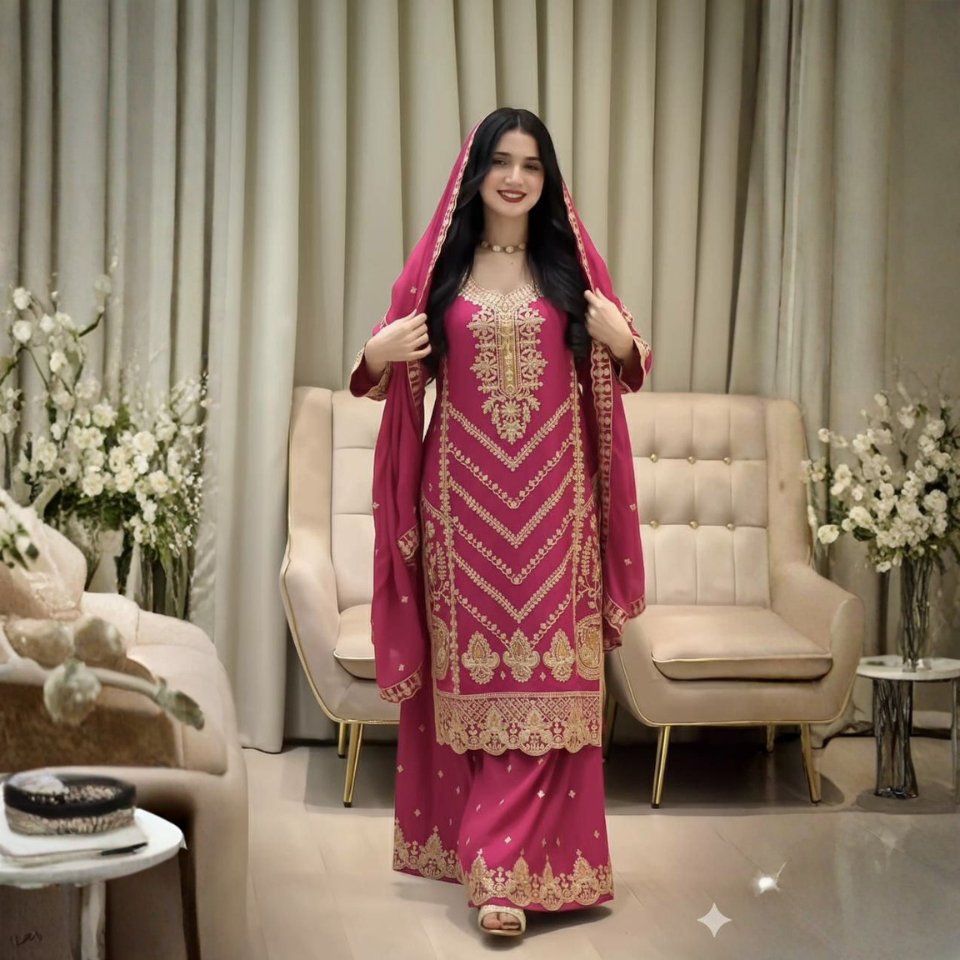 Chinon Silk Embroidered Sequence Top Plazzo Set with Dupatta