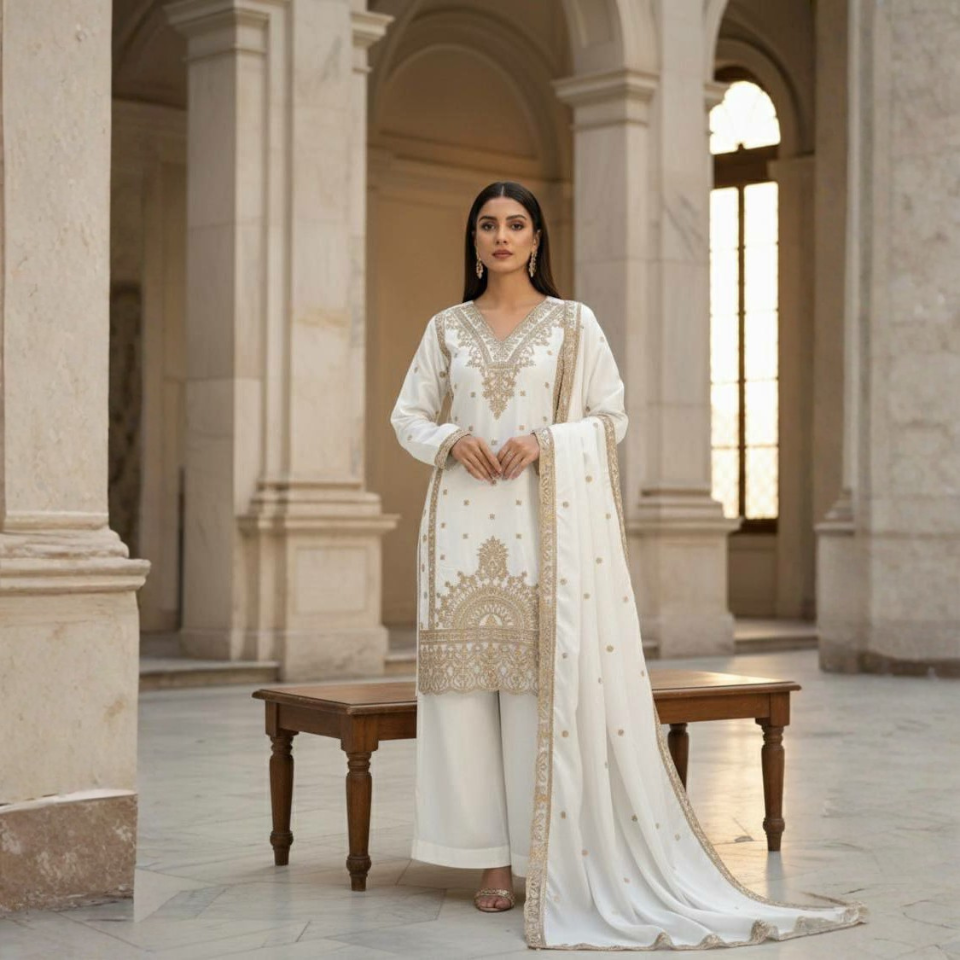 Jimmy Choo Fabric Cording Sequence Embroidered Top Plazzo Set with Dupatta
