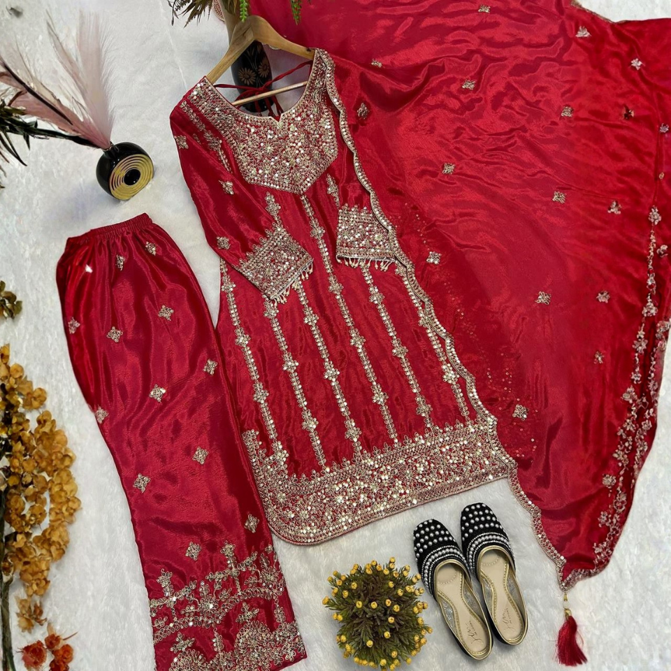 Premium Chinnon Silk Embroidered Kurti Plazzo Set with Lace Border Dupatta