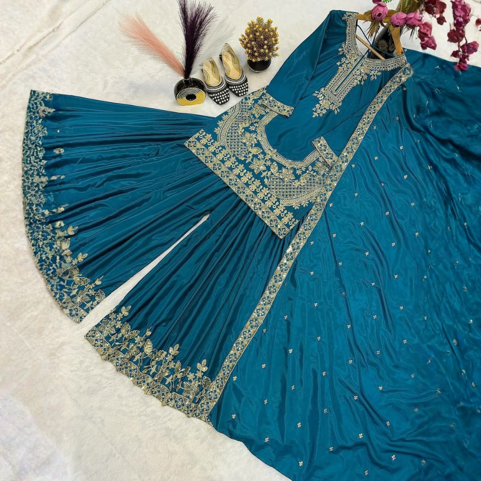 Luxury Crepe Silk Embroidered Sharara Plazzo Set with Moti Work Dupatta