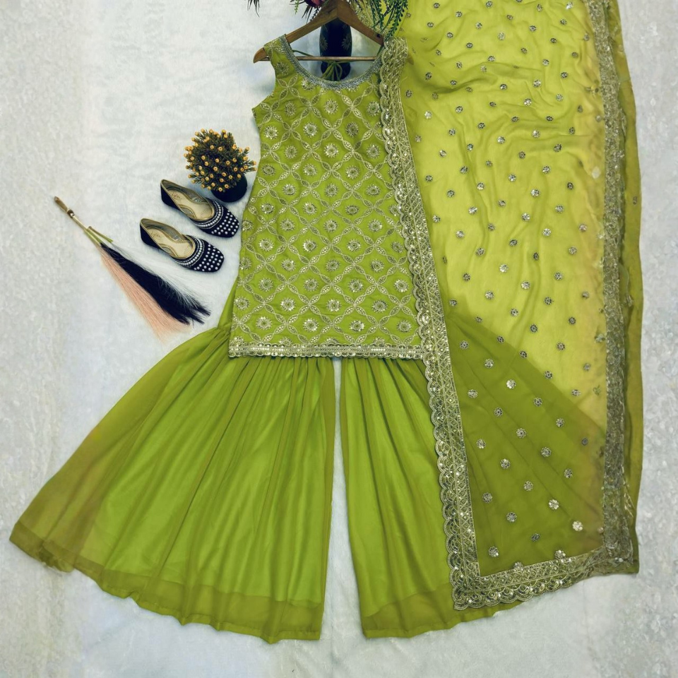 Heavy Faux Georgette Embroidered Sharara Suit Set with Lace Border Dupatta