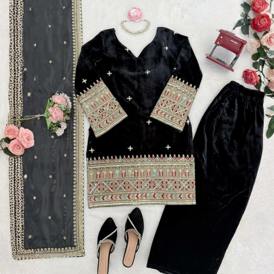 Heavy Velvet Designer Kurta Plazzo Set with Thread & Sequence Work Dupatta
