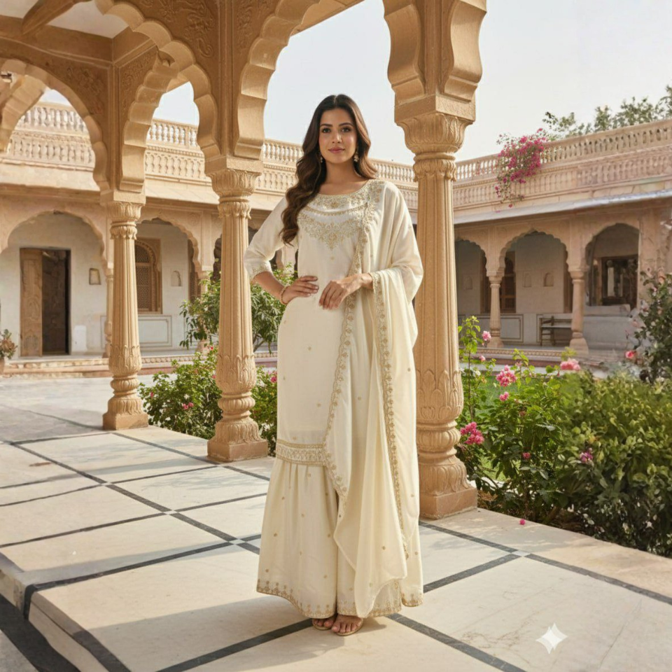 Fendy Fabric Heavy Embroidery Sequence Work Sharara Set with Dupatta