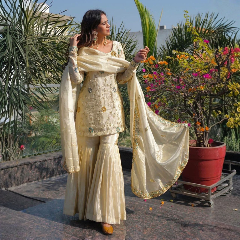 Heavy Pure Chinnon Embroidered Sequence Top with Stitched Sharara & Dupatta