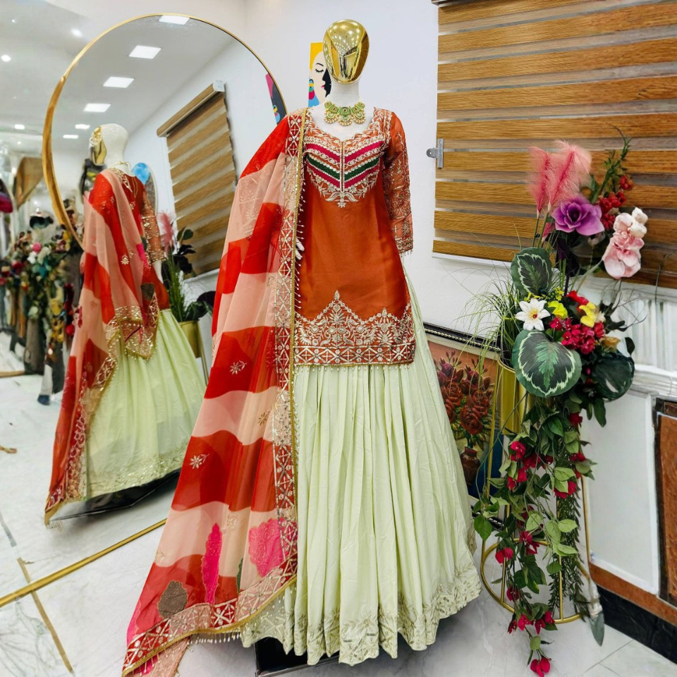 Women’s Fandy Silk Embroidered Top with Crepe Silk Lehenga & Organza Silk Dupatta