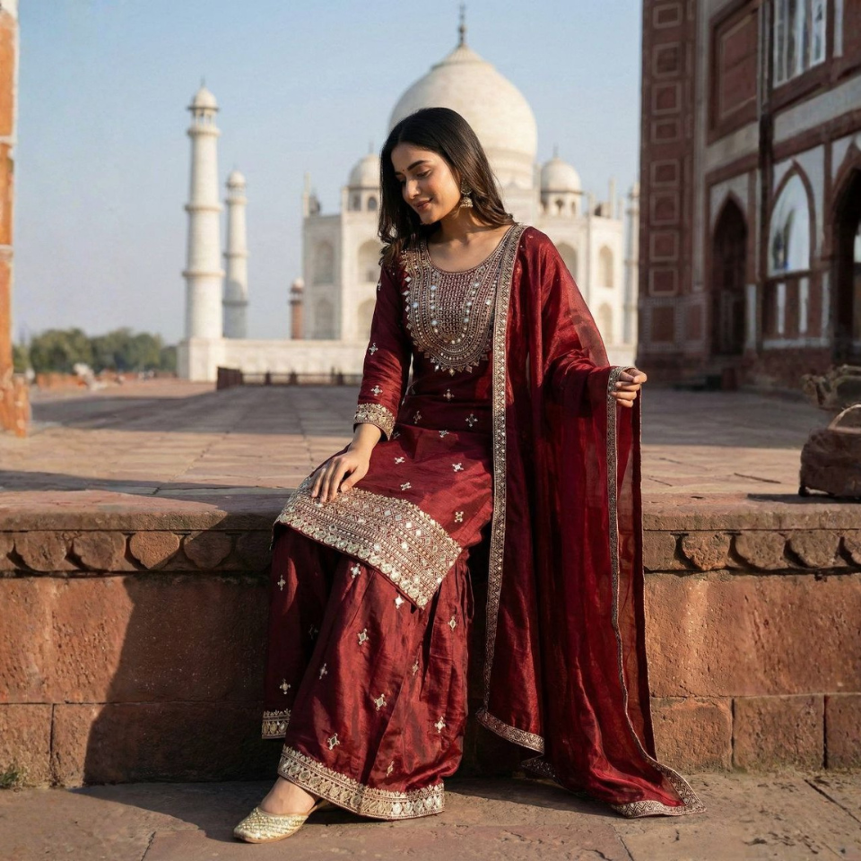 GMY Silk Embroidered Mirror Work Top Sharara Set with Dupatta