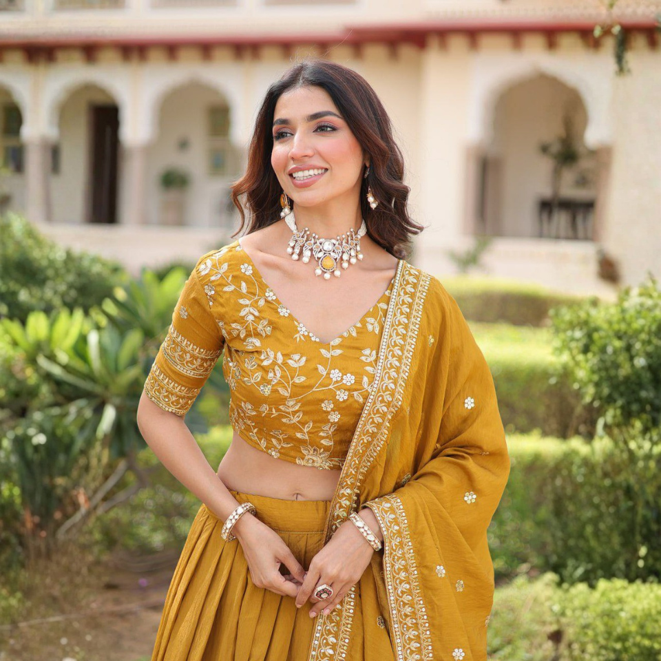 Vichitra Silk Heavy Sequins & Zari Embroidered Lehenga Choli with Designer Dupatta