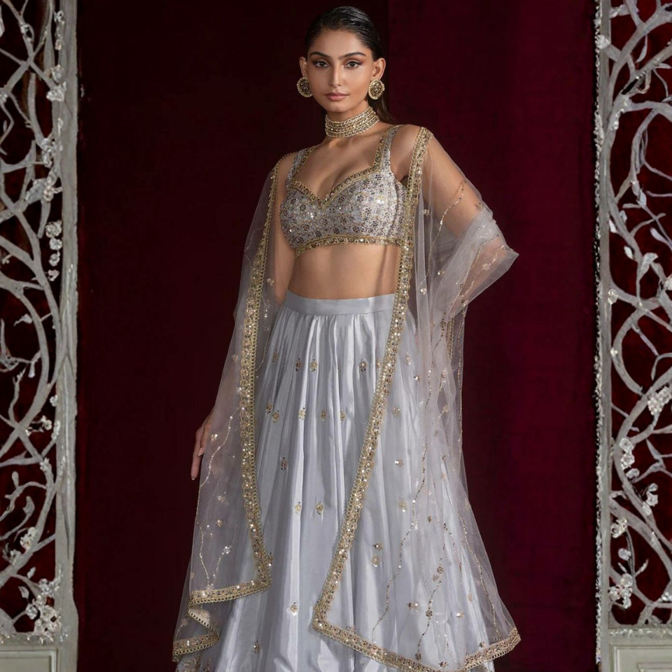 Satin Silk Lehenga with Sequins, Dori and Zari Embroidery Work