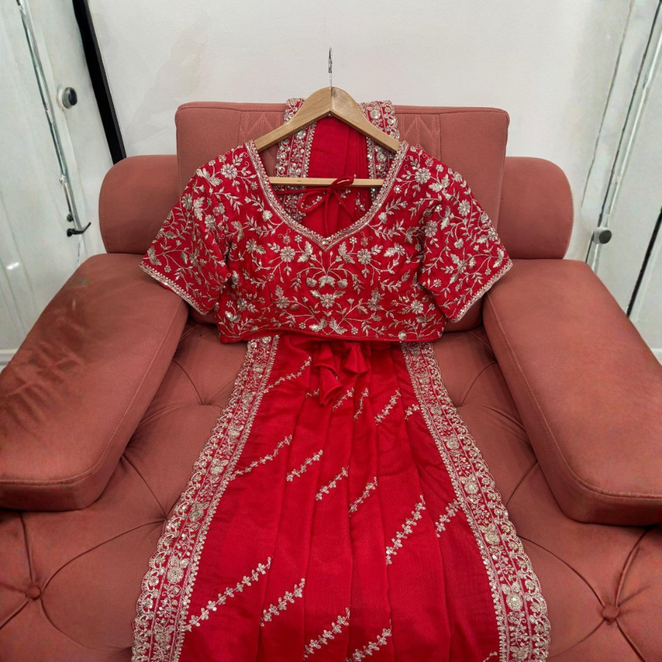 Chinon Silk Saree with Thread and Sequence Embroidery Work