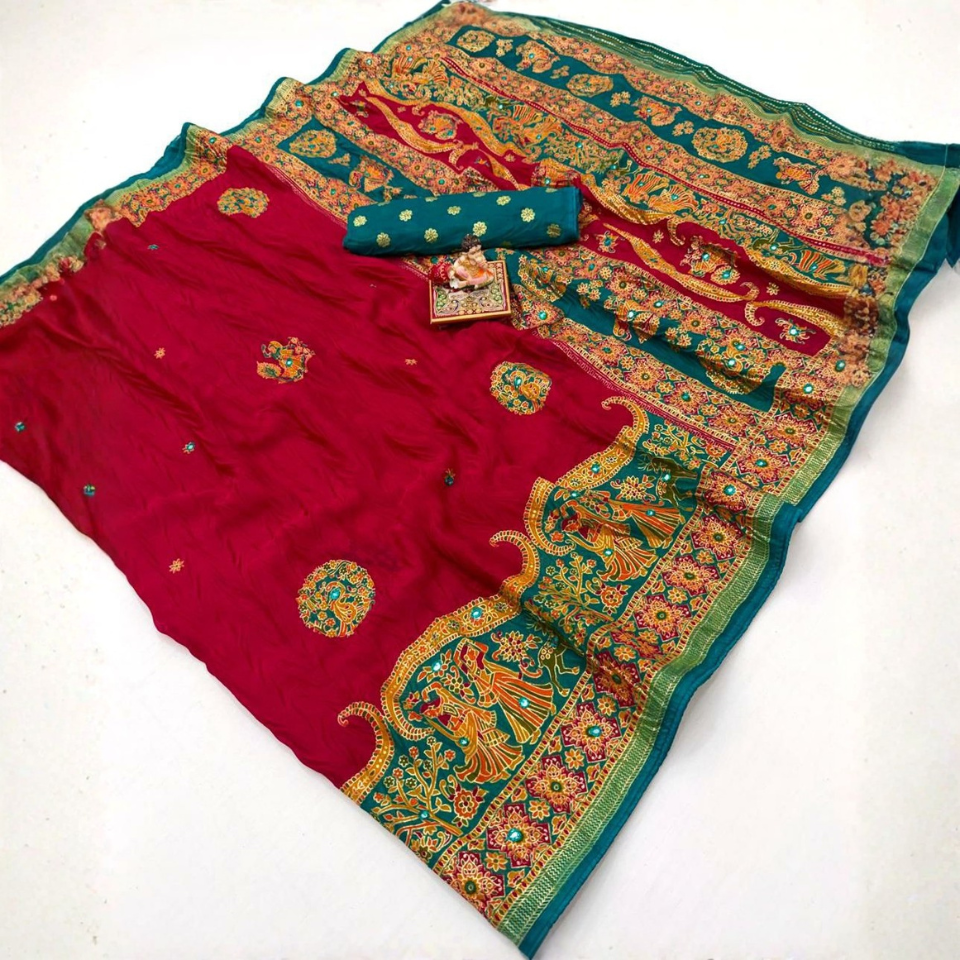 Vintage Foil Work Moss Mellow Georgette Silk Saree with Rich Tassel Pallu