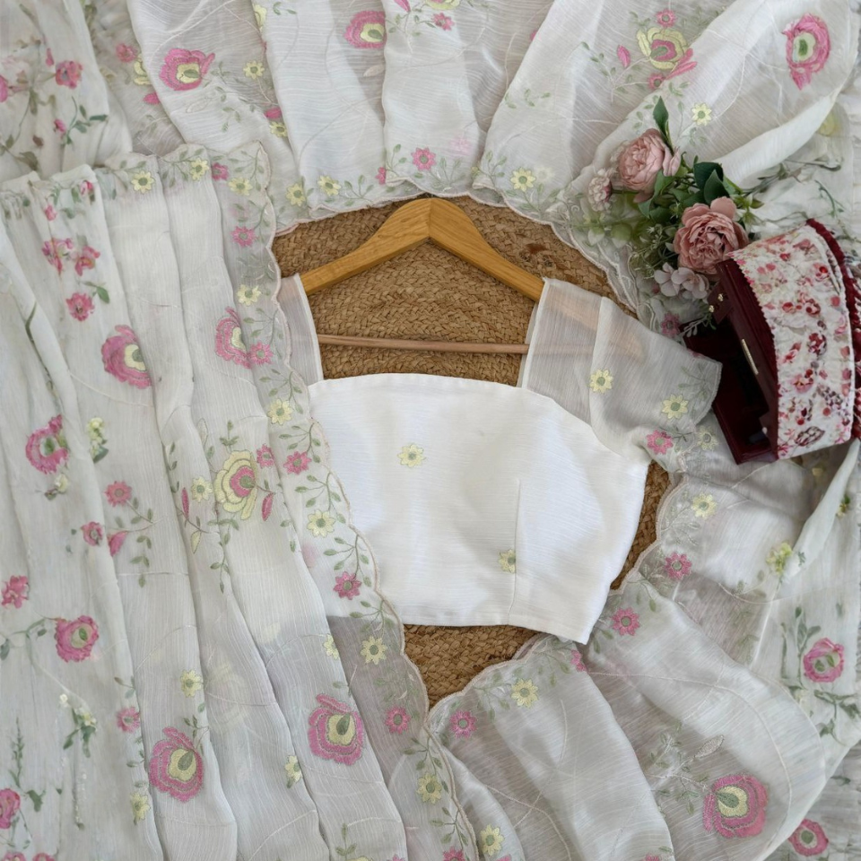 Heavy Chiffon Saree with Intricate Thread Work & Matching Unstitched Blouse