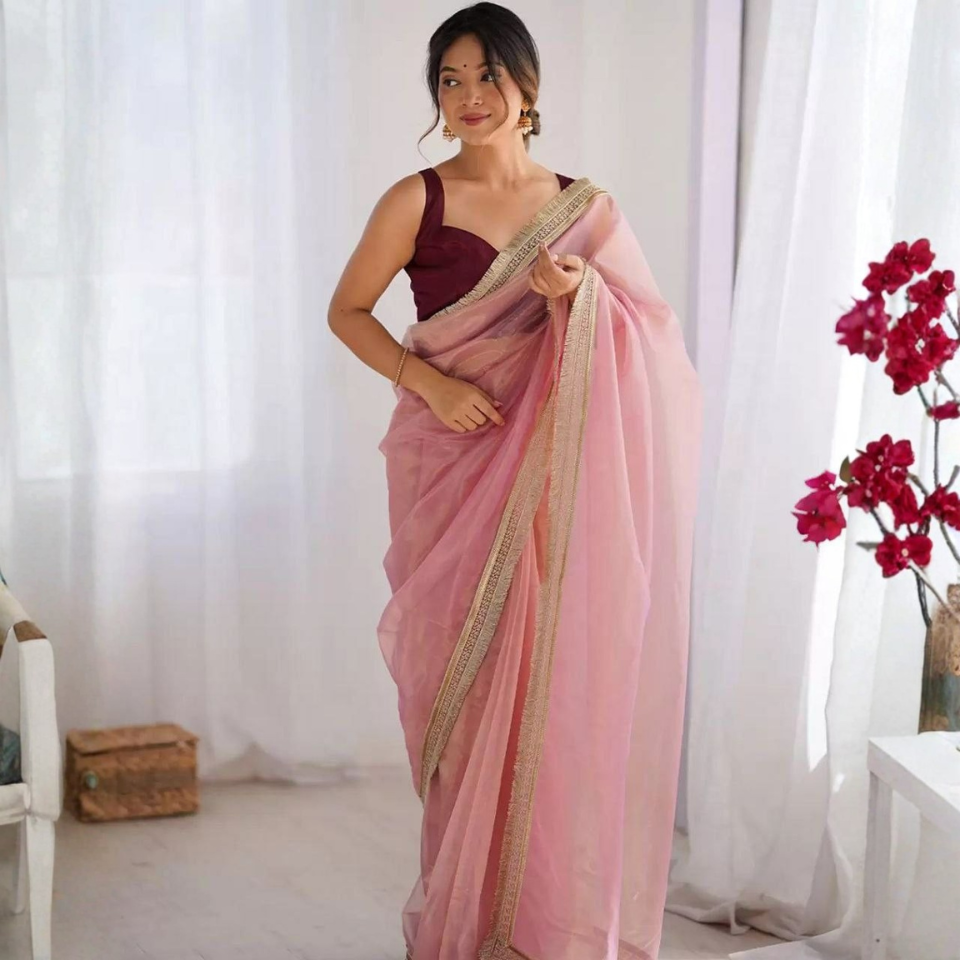 Twill Net Fancy Lace Border Party Wear Saree with Mono Banglori Blouse