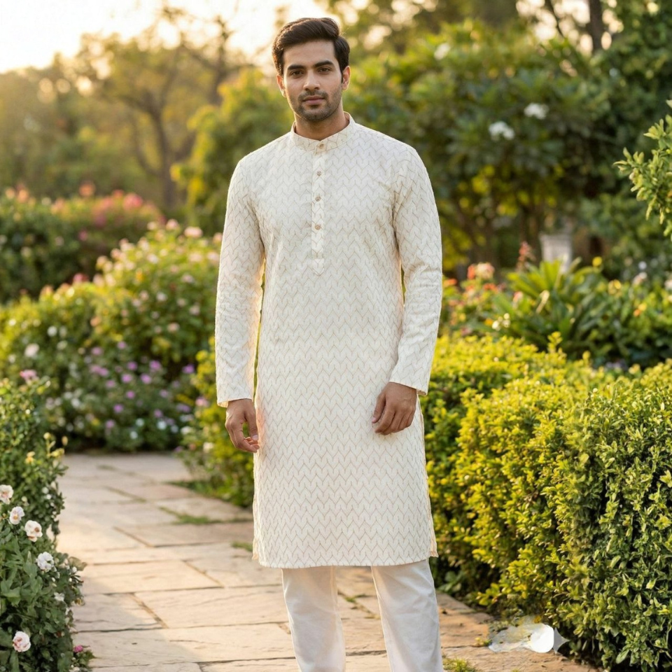 Men’s Silk Kurta Set with All-Over Work and Raymond Cotton Pyjama