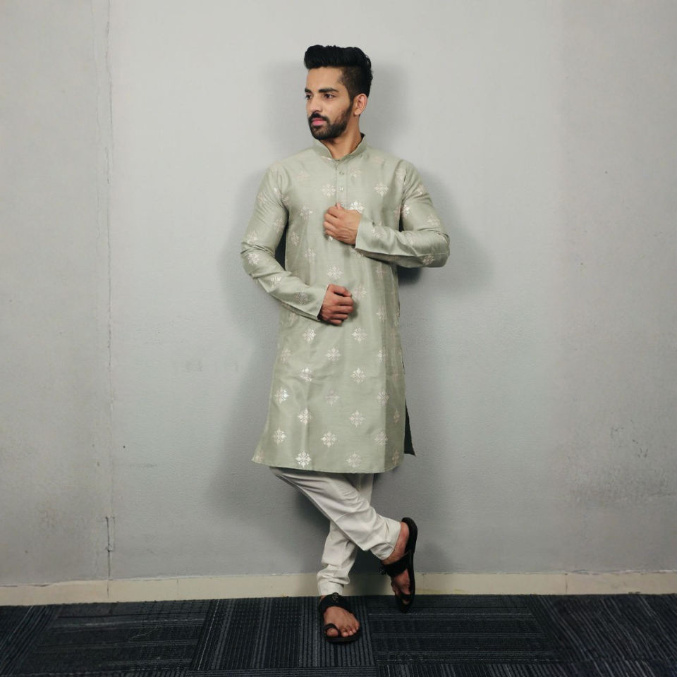 Men’s Soft Parbon Silk Kurta with Matte Copper Sequin Work