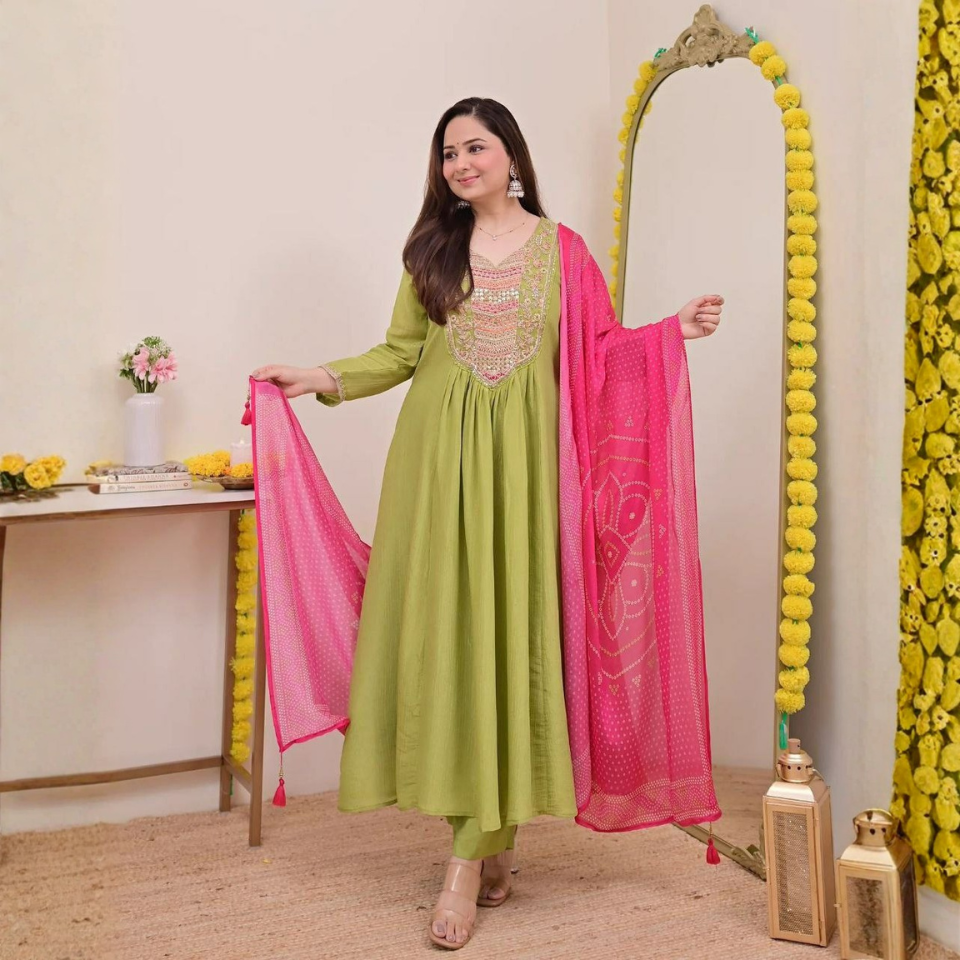 CP Vichitra Silk Embroidered Kurti Bottom Set with Printed Silk Dupatta