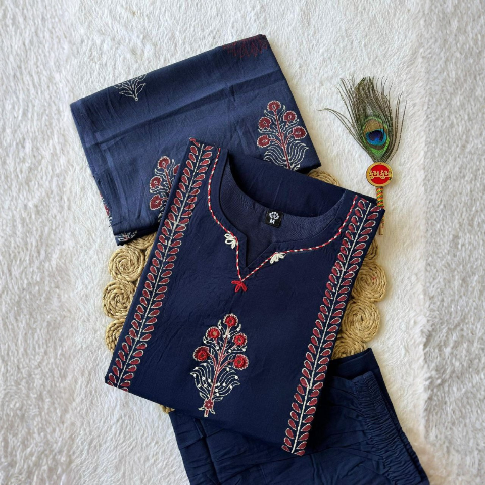 Pure Cotton Navy Blue Kurti Set with Hand Block Print & Mirror Work