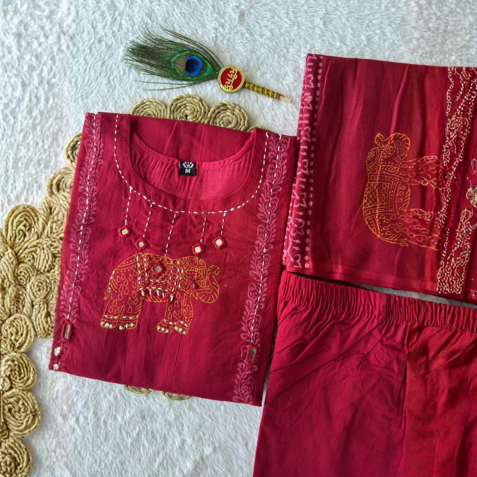 Pure Cotton Mirror Work Kurti Set with Hand Block Print Mul Cotton Dupatta