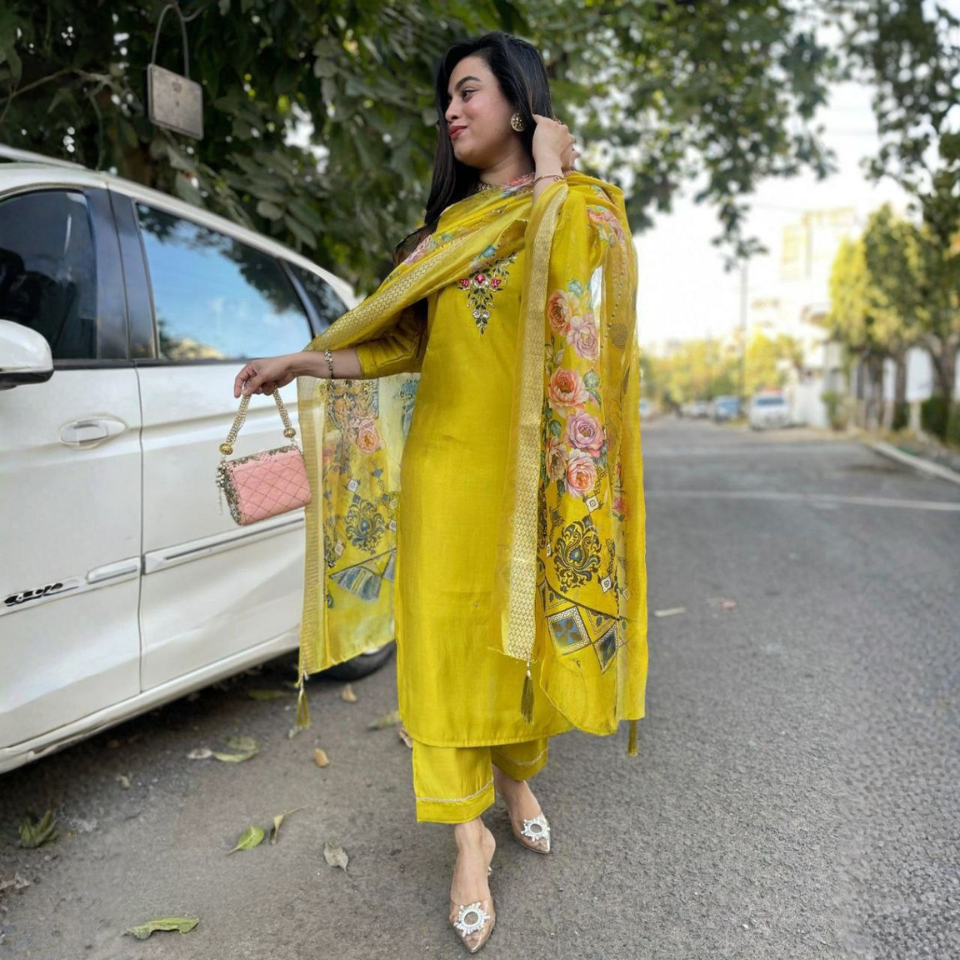 Pure Viscose Chanderi Sequin Embroidered Suit with Heavy Jacquard Dupatta