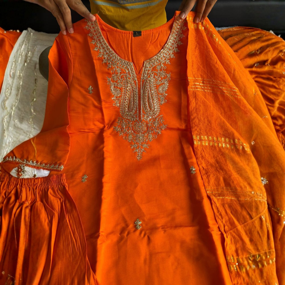 Roman Silk Embroidered Kurti Pant Set with Cotton Silk Dupatta