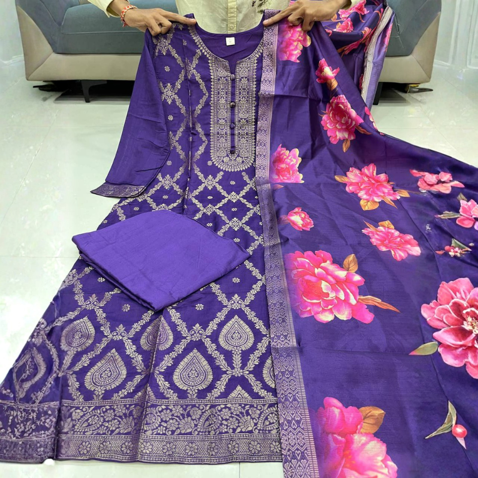 Banarasi Silk Look Kurti Pant Dupatta Set with Jari Work and Cotton Lining