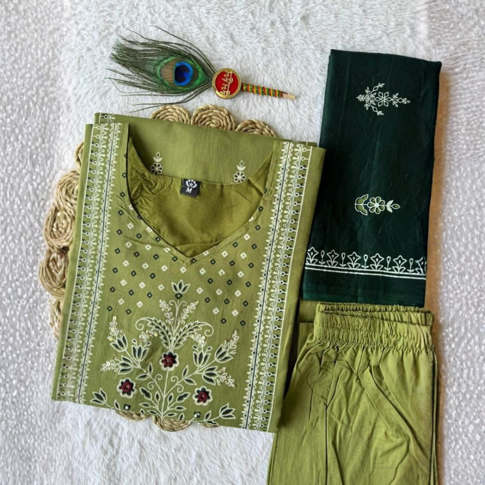 Pure Cotton Hand Block Print Kurti Set with Mirror Work & Mul Cotton Dupatta