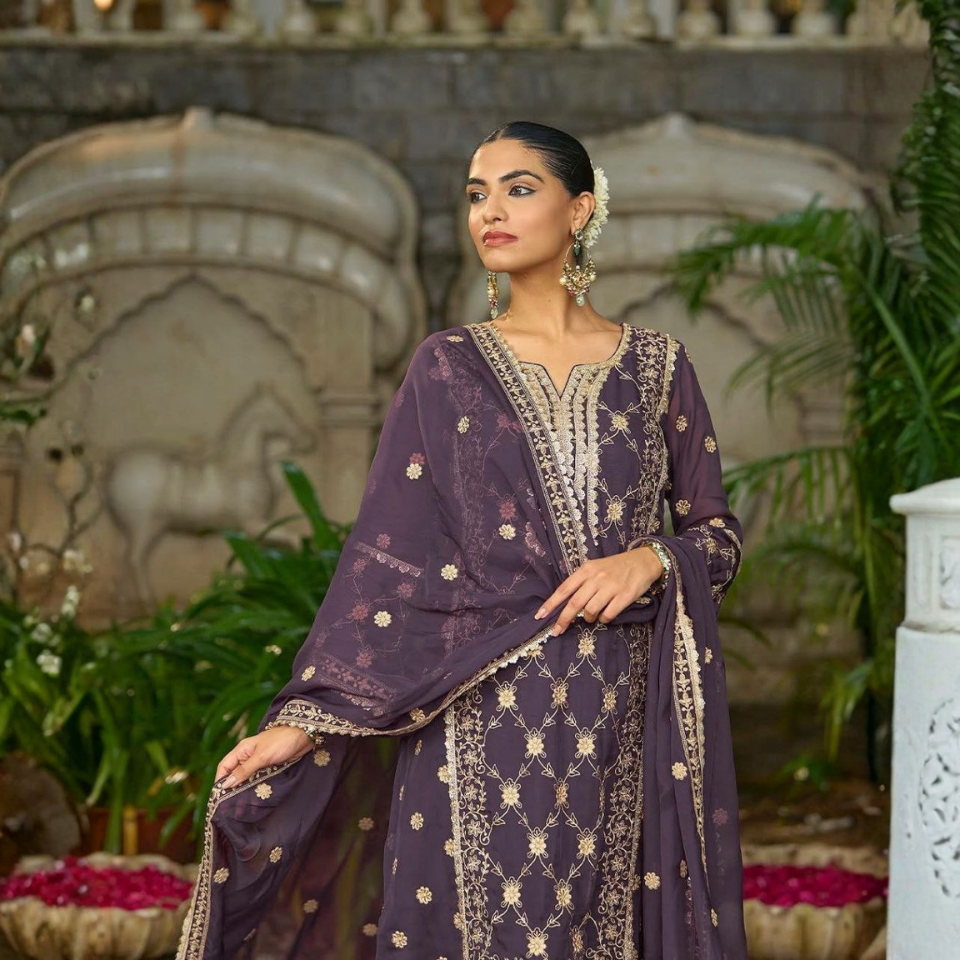 Premium Pure Chinnon Embroidered Sequence Work Suit Set