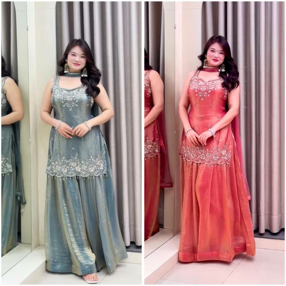 Pure Trendy Silk Embroidered Kurti Set with Flared Palazzo & Faux Georgette Dupatta