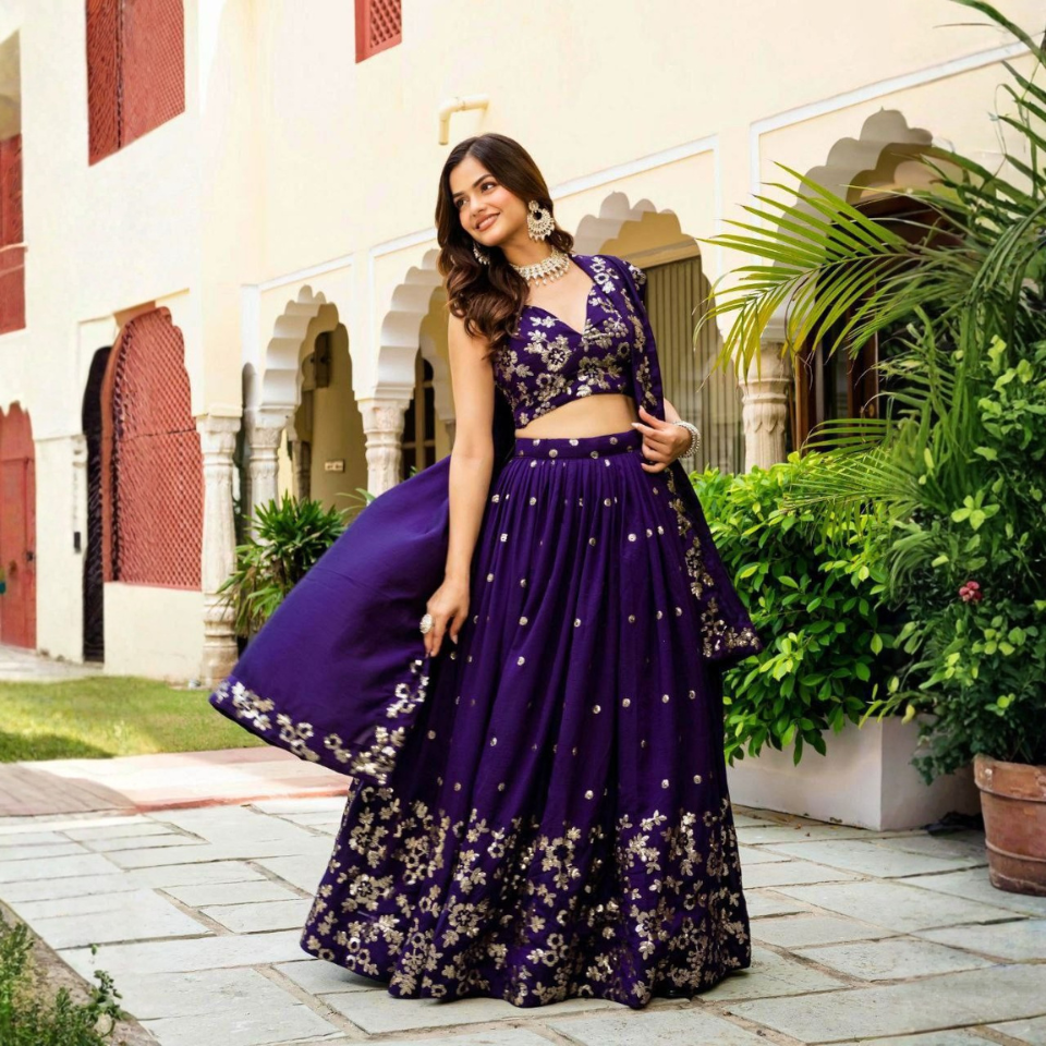 Vichitra Silk Embroidered Lehenga with Zari and Sequin Work