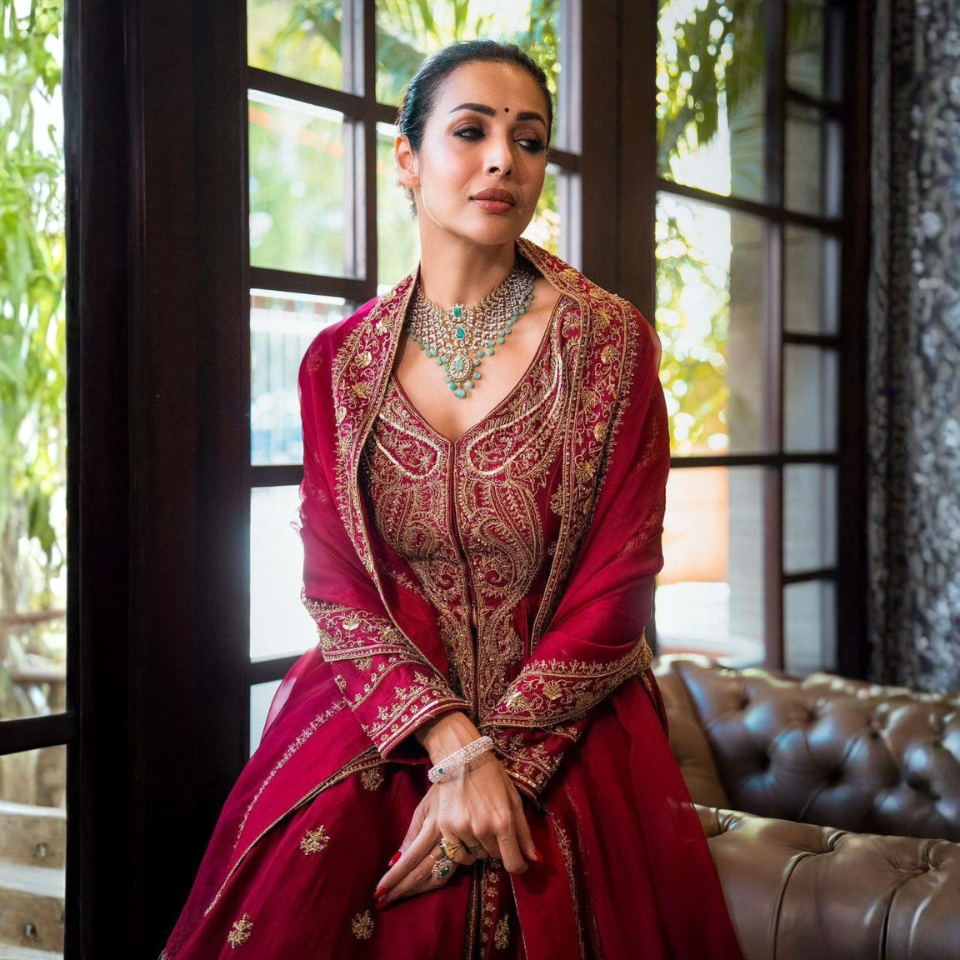 Chinon Silk Embroidered Gown Set with Palazzo & Georgette Dupatta