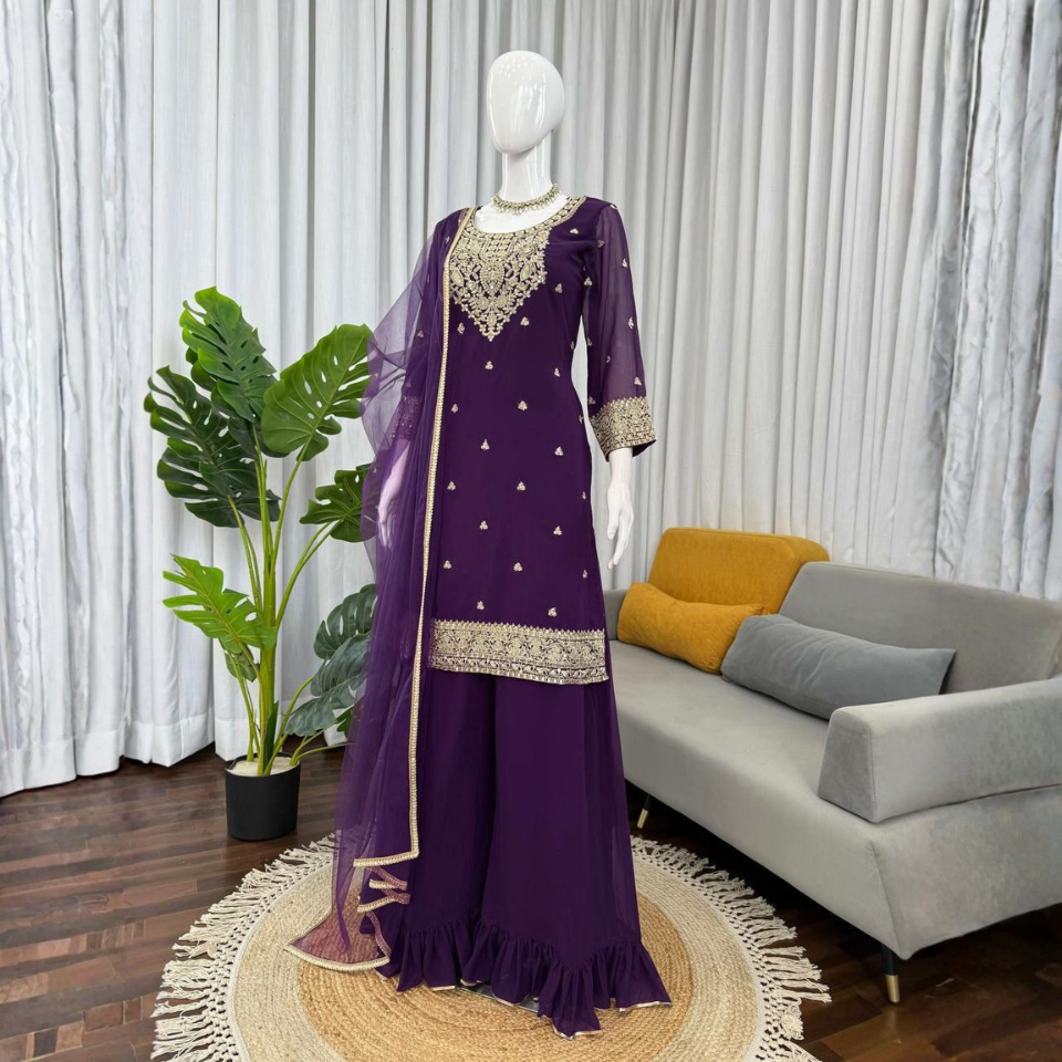 Premium Faux Georgette  & Sequence Work Top Plazo Set with Butterfly Net Dupatta