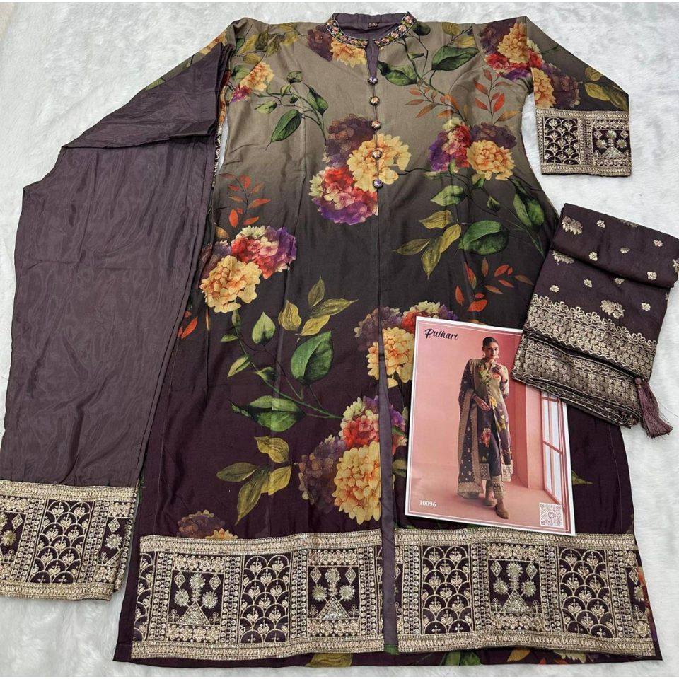 Premium Silk Digital Print Suit Set with Sequin Work & Jacquard Dupatta