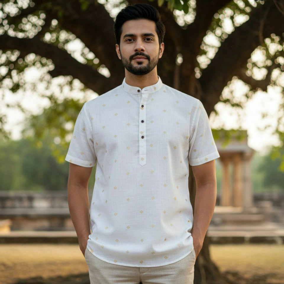 Linen Cotton Jacquard Butta Short Kurta
