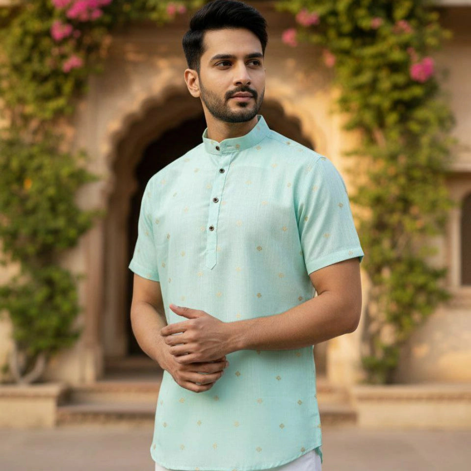 Linen Cotton Jacquard Butta Short Kurta