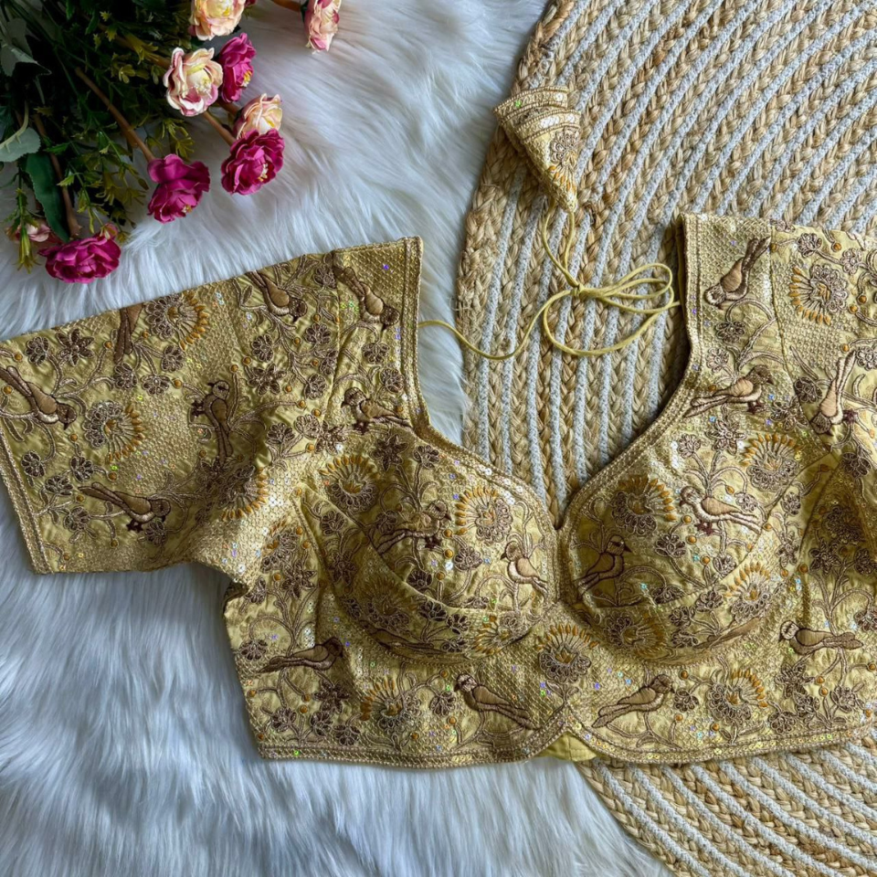 Heavy Roman Silk Partywear Blouse with Jari Sequence & Coding Thread Work