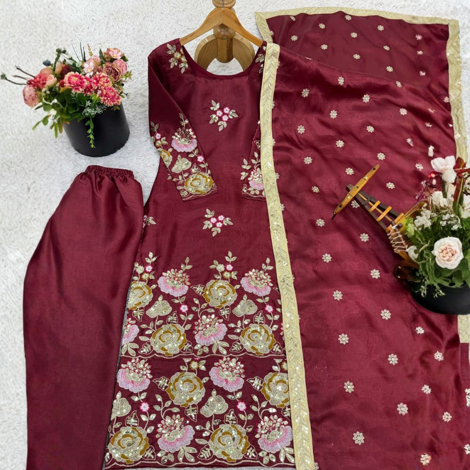 Premium Organza Poly Silk Embroidered Sequence Top with Stitched Plazzo & Dupatta